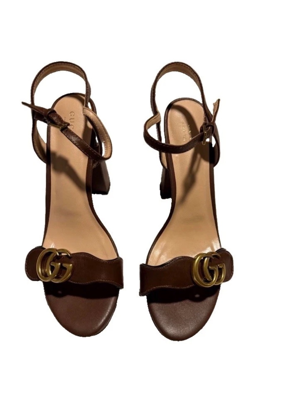 Gucci Brown Leather GG Buckle Block Heel Sandals